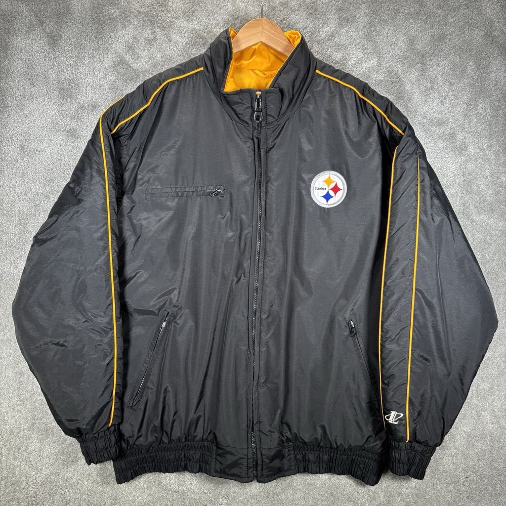 Vintage Pittsburgh Steelers Jacket Mens XL Full Zip Black Quilt Lined Athletic